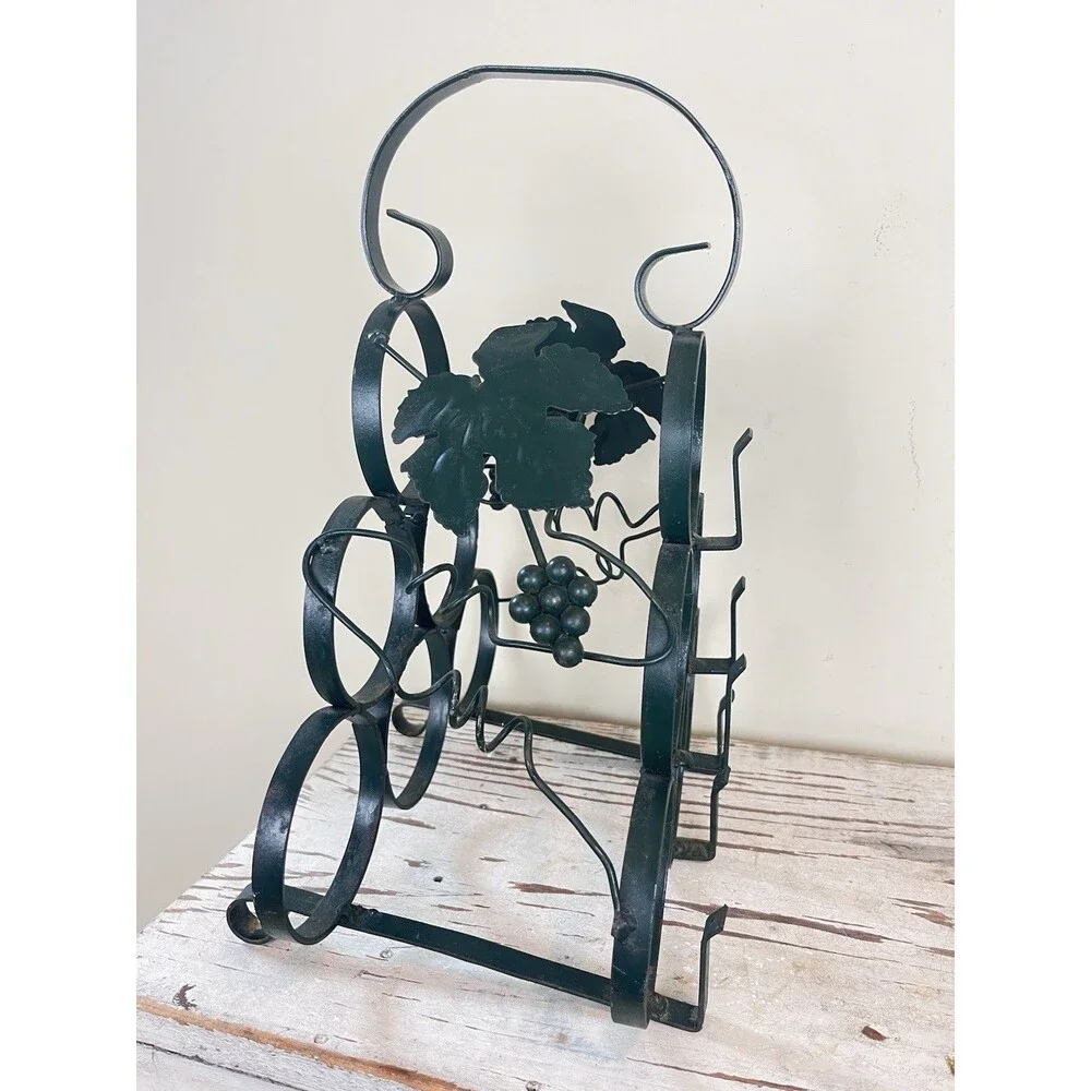 Vintage MCM Rustic Metal Ornate Grape Leaves 6 Wine Bottle Holder W/ Handle 14”
